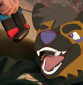 An image of someone holding red and blue Nintendo Switch controllers over him. The face/head has been drawn over with a furry anthro art hyena with his mouth open